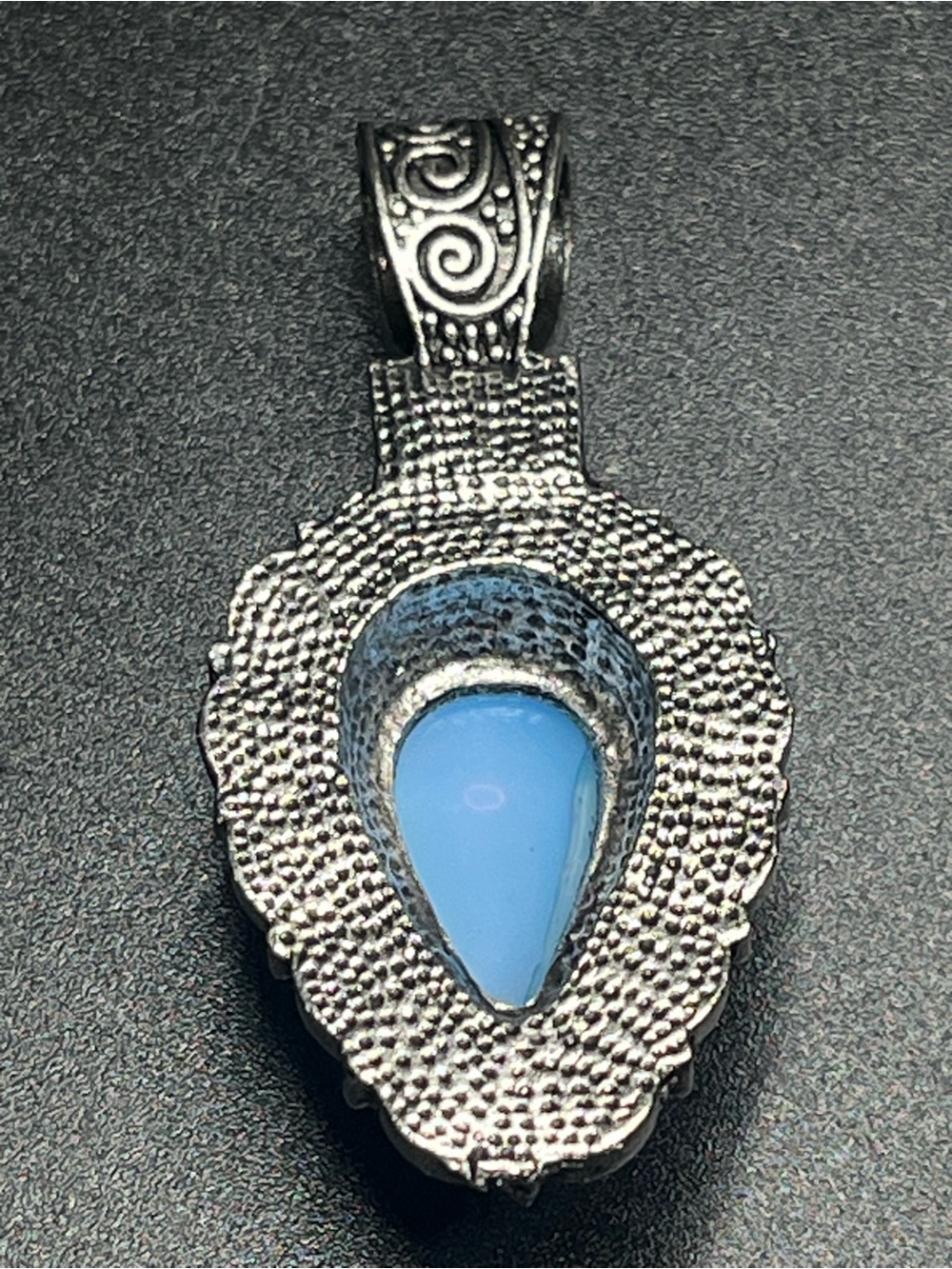 Vintage Silver Tone Opalite Glass Teardrop Filigree Pendant Boho Pendant - Picture 2 of 4